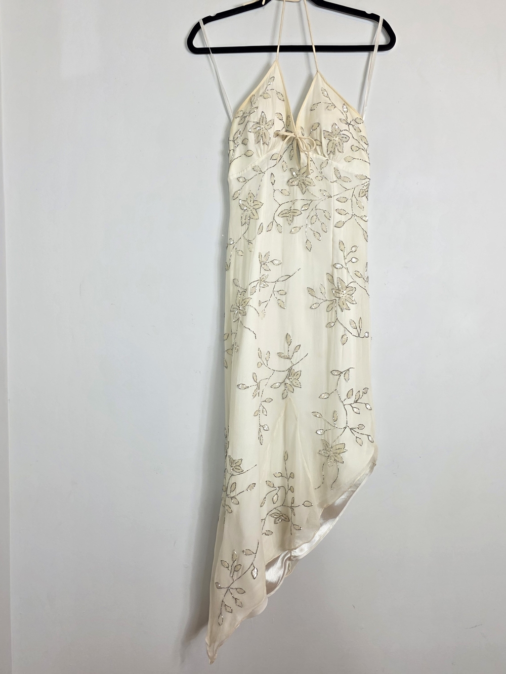 VTG Cache Y2K 90s Embroidered Dress Beaded 100% Silk Asymmetric Cream SZ Small